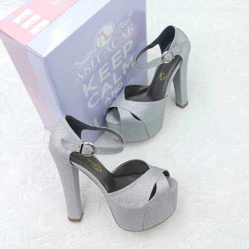 15 Cm Topuklu Gümüş Renk Simli Nişan & Gelin Ayakkabısı