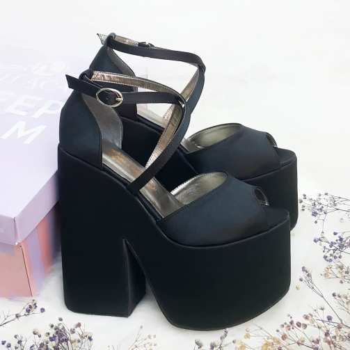 16 Cm Wedge Heel Black Color Satin Women's Evening Dress Shoes Wedding Shoes