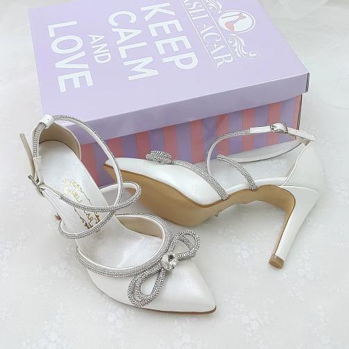 Kırık Beyaz Taşlı Tasarım Stiletto Nikah & Gelin Ayakkabısı 